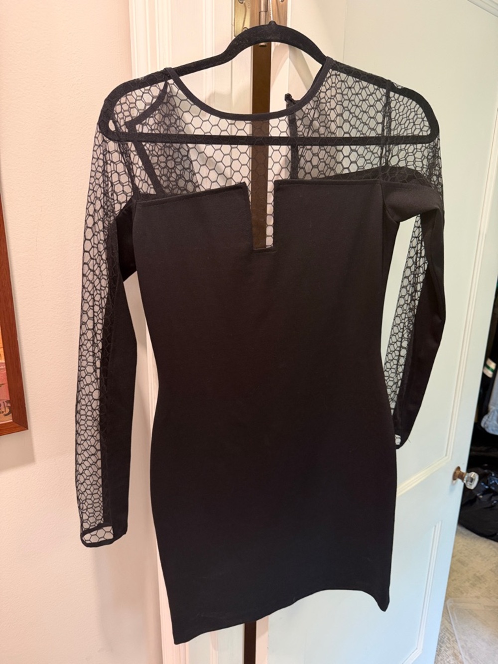 Amanda Uprichard Black Mesh-Inset Long Sleeve Bodycon Dress